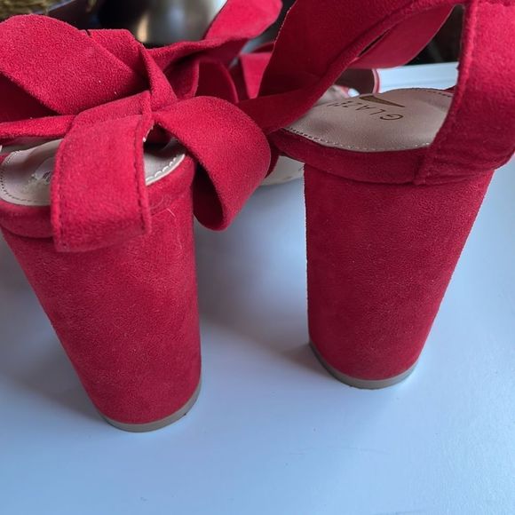 Glaze Block Heel Velvety Feeling Red Tie Up Heels - Picture 9 of 16